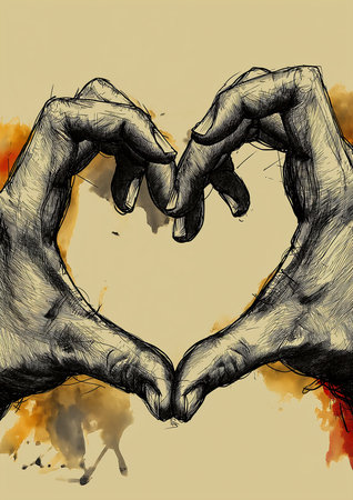 making heart shape hands illustration header ink charcoal effective altruism love, generative aiの素材
