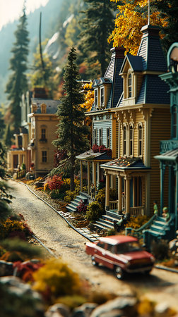 toy train tracks near small town cute house edwardian common street quaint micro details century emerald herald model trees alley, generative aiの素材