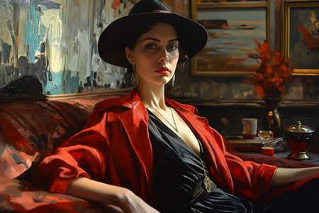 woman red coat black hat sitting couch portrait alluring fedora model vest, generative aiの素材