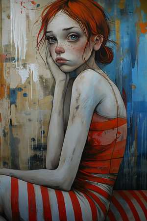 woman red hair striped dress sadness look focus girl skins beaten miles large canvas bitter brunet rosy cheeks freckles street young emaciated tired expression, generative aiの素材