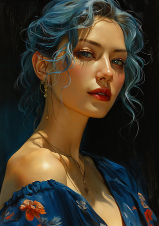 woman blue hair dress faces winner rose pirate portrait troy mana warrior, generative aiの素材
