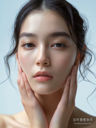 closeup woman hands face gorgeous young korean fill high dull skin smoothed lip line emote delicate eyebrows soft body pallid mana cover richly defined, generative aiの素材