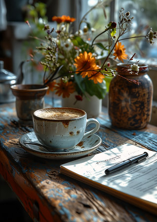 coffee notebook table background full light medium values connecting life story board format clipboard annotations, generative aiの素材