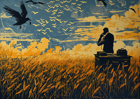 man standing field birds flying above favorite radio equipment illustration sun sets horizon silk screen prairie, generative aiの素材