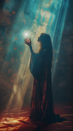 woman red dress holding glowing ball prayer hands blue light dressed cloak female alive young middle eastern wearing, generative aiの素材