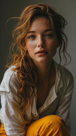 woman long red hair sitting bed paladin perfect face model curly blond wearing linen shirt girl necromancer young city closeup desirable, generative aiの素材