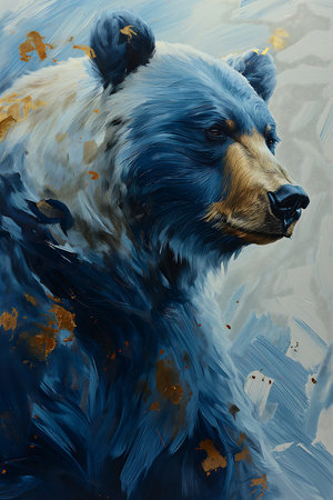 bear blue background gold leaves intense oil paint brushed white dynamic closeup coat strong spirit cascadia thick, generative aiの素材
