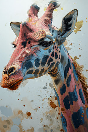 giraffe pink blue pattern face defiant look attitude simplified glossy skin bright refined nose, generative aiの素材