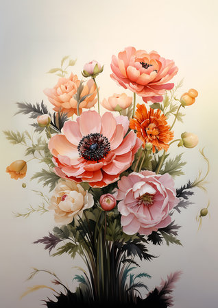 vase flowers winner anemones encyclopedia illustration arts cultures pink orange rich deep color, generative aiの素材