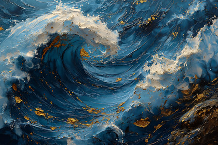 wave breaking ocean gold leaf gorgeous princess baroque turbulent deep highest blue marble trimmings, generative aiの素材