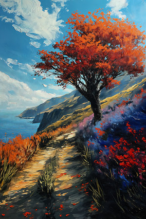 tree hill path leading sea landscapes rich flower color red pathway ocean cliff view extended, generative aiの素材