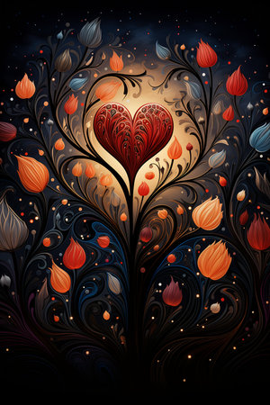 heart middle tree trend fiery particles background flower designs hearts streams flowing light love vector, generative aiの素材