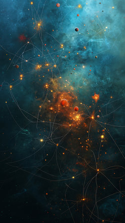 closeup cluster stars diagrams energy flows deep fire neurons golden thread space metropolis unconnected solid black background coruscant, generative aiの素材