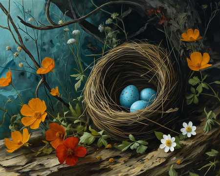 bird nest eggs painted spring talented wonderland portal sparrows, generative aiの素材