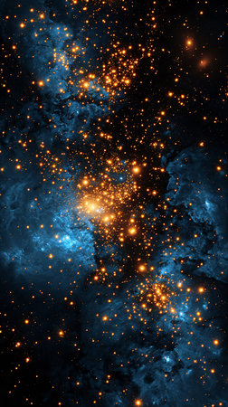 closeup cluster stars sky luminescent glowing powder interconnections partially covered sparsely populated swirling street space embers flying, generative aiの素材