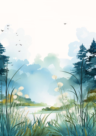 lake birds flying illustrator vector graphics forest clearing calm feeling wildflowers grasses overgrown young cute gorgeous brush strokes wood swamp, generative aiの素材