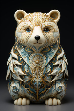 ceramic bear blue gold design ash white fox carved wood perfume bottle, generative aiの素材