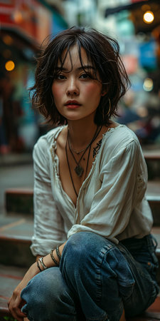 woman sitting steps city necklace young asian portrait short top hair shocked expression face looking away viewer long shirt attractive model medium, generative aiの素材
