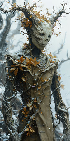 statue man tree head great details skeleton king snowy autumn spirit wraith scarecrow synthetic skin yellow creeper pale skinned dead plants design, generative aiの素材