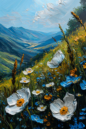 field flowers mountain background shattered glass sunbeams evergreen valley mountainous terrain tulips, generative aiの素材