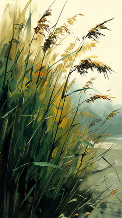 river tall grass foreground favorite wind swept yellow blacks edelweiss blade, generative aiの素材