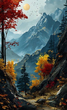 mountain stream trees breathtaking fall forbidden beauty high mountains overwatch, generative aiの素材