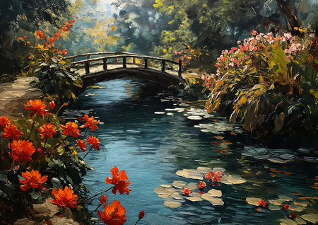bridge river flowers trees imagery vermillion princess pads expressive breathtaking masterful random arts mate rooms friends border, generative aiの素材