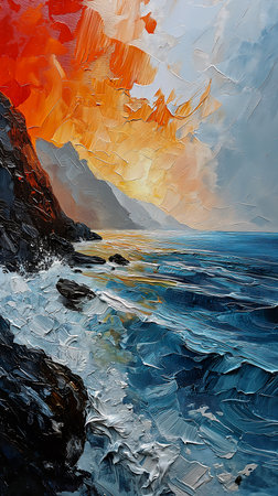 sunset ocean rocky shore scenery ratio young gorge mountain oil paint impasto relief, generative aiの素材