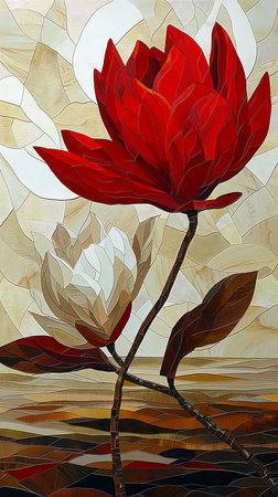 red flower stem background shards irregularly shaped mosaic tiles magnolia archival depth, generative aiの素材