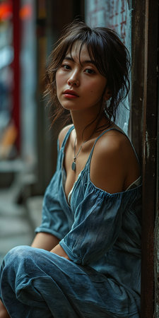 woman sitting ground blue dress young asian stunning portrait princess open shirt face wistful bosom desirable, generative aiの素材