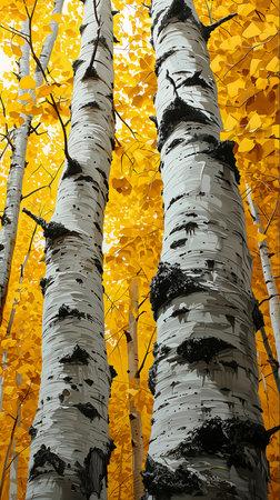 two white birch trees yellow leaves background ash color interior wood new mexico filter october, generative aiの素材