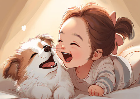 little girl laying bed dog smiled face laugh connecting life cartoon cane son streaming closed mouth smile friend puppy home bite, generative aiの素材