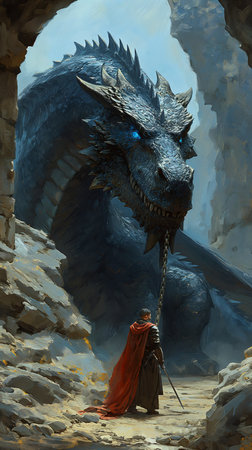 man red cape dragon stunning blue tone shackled size difference large canvas bright monochromatic huge scythe breathtaking book, generative aiの素材