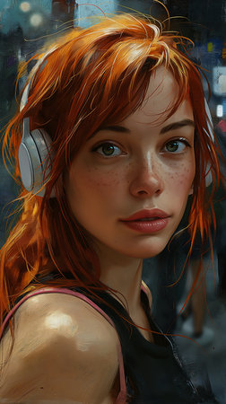 woman headphones head ginger hair freckles young female face protagonist closeup forbidden beauty depicted teenager girl random bright womans, generative aiの素材