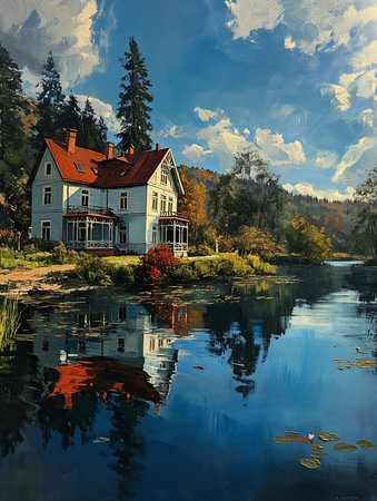 house lake red roof princess young sunlight reflected river perfectly calm, generative aiの素材
