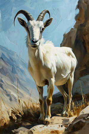 goat standing rocky hill mountain background lethal preservation eye white store girl alps breathtaking, generative aiの素材