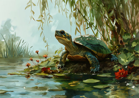 turtle sitting rock pond favorite winner nymphaea scenery master splinter sunny day masterful standing tall grass ponds oil wildlife, generative aiの素材