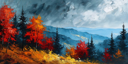 mountain few trees foreground moody vibrant color wind blows leaves young looking west virginia random arts, generative aiの素材