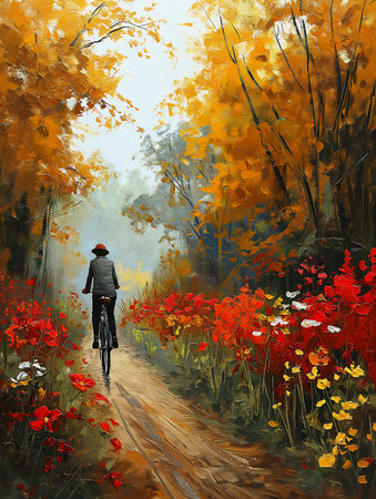 person riding bike down dirt road red flowers autumn spirit land large pathway forest, generative aiの素材