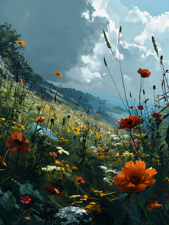 field flowers mountain background favorite wildflowers last impressionist nature bright day, generative aiの素材