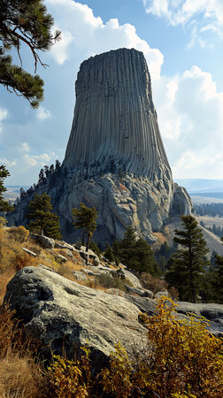 large rock formation side mountain old american midwest enchanted forest tower looks tree silhouette sitting mans fingertip wyoming tartarian architecture tall reaching, generative aiの素材
