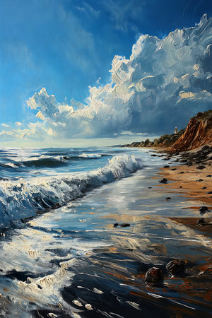 beach scene wave coming shore black sea forecasted sky signature highly old, generative aiの素材