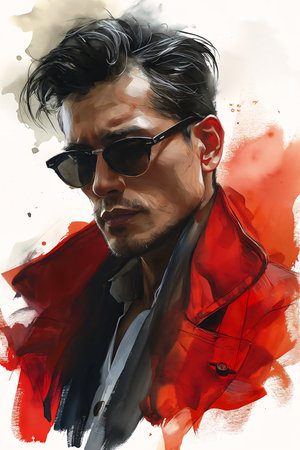 man sunglasses red jacket vampire hunter alluring medium close pompadour asian son trench coat corvo portrait, generative aiの素材