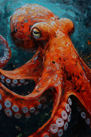 octopus red body white tentacles oil magazine illustrations animals underwater combat scene, generative aiの素材