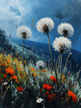 field flowers mountain background young dandelion scenery big dense white clouds desktop, generative aiの素材