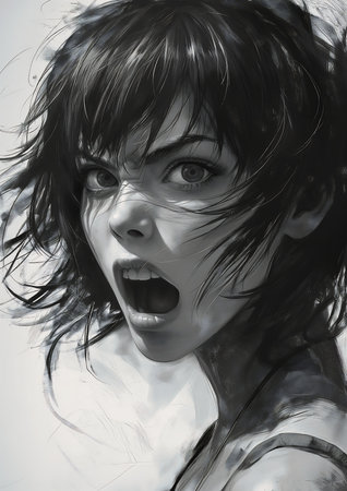 closeup woman surprised look face intense screaming expression young angry asymmetrical digital drawing people natural study underbite enraged girl black hair furious best, generative aiの素材