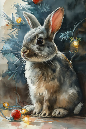 rabbit sitting next tree ornaments ears shine princess looking away viewer ink wash diffuse sunlight tight bun poised, generative aiの素材