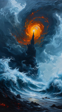 lighthouse stormy sea bright orange light tomb elemental evil closeup fractured mana air engulfed swirling flames blue surrounding upwards, generative aiの素材
