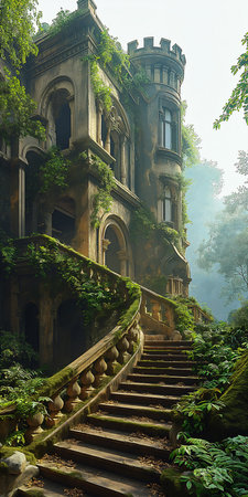 old building lot stairs nature lost world verdant overgrown house enchanted dreams stunningly mysterious series, generative aiの素材