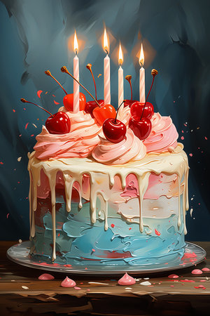 cake three candles cherries top portal sweet delicious, generative aiの素材
